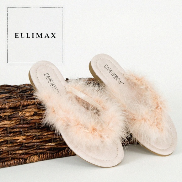 NEW🔥 Feather Fur Open Toe Flat Sandals Flip Flops - Picture 1 of 4